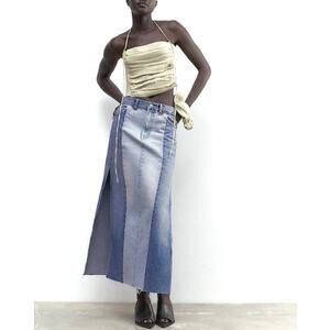 Zara Patchwork Denim Frayed Maxi Skirt Blue size small